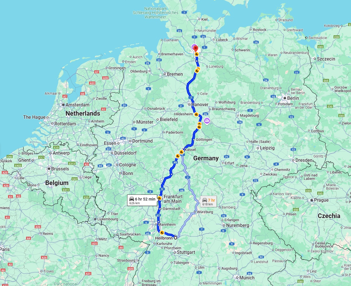 Anreise von Heilbronn Zu Hamburg Über via A7