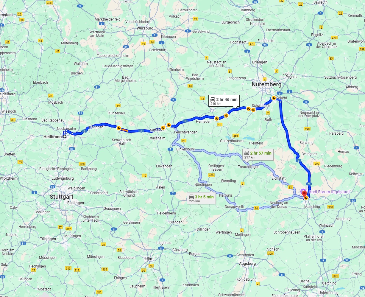 Anreise von Heilbronn Zu Ingolstadt Über via A6 and A9