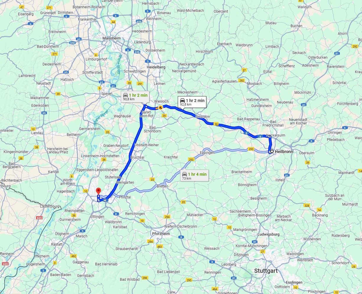 Anreise von Heilbronn Zu Karlsruhe Über via A6 and A5