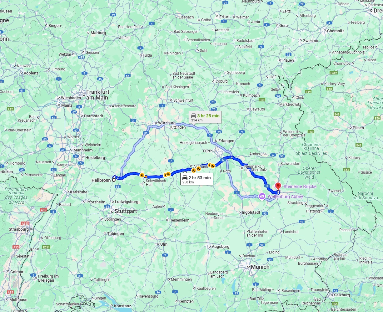 Anreise von Heilbronn Zu Regensburg Über via A6 and A3
