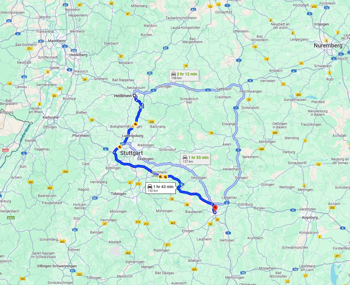 Anreise von Heilbronn Zu Ulm Über via A81 and A8