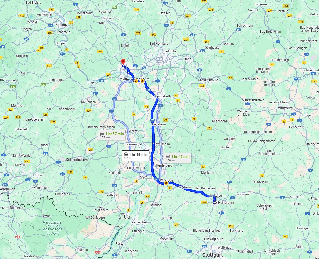 Anreise von Heilbronn Zu Wiesbaden Über via A6 and A67