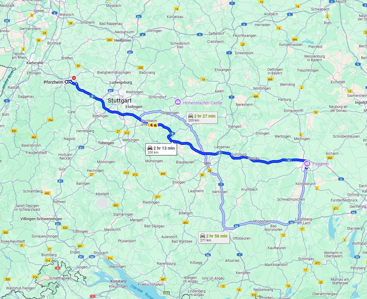 Anreise von Pforzheim Zu Augsburg Über via A8