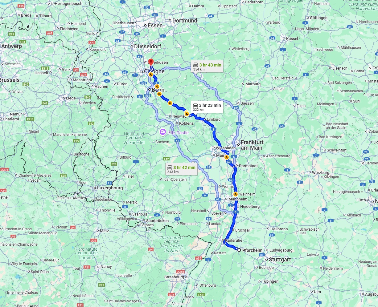 Anreise von Pforzheim Zu Bergisch Gladbach Über via A5 and A3