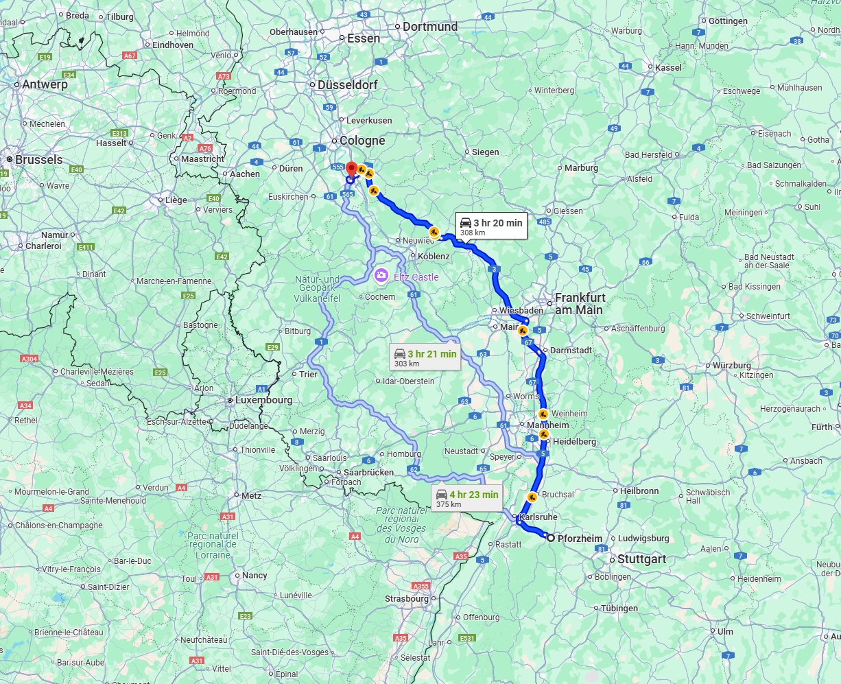 Anreise von Pforzheim Zu Bonn Über via A5 and A3