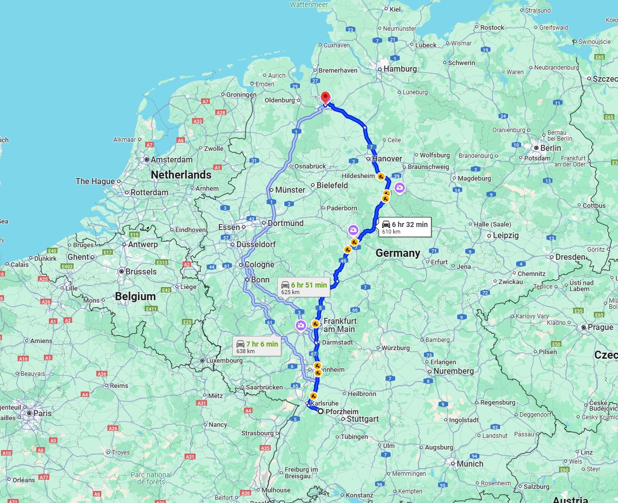Anreise von Pforzheim Zu Bremen Über via A5 and A7