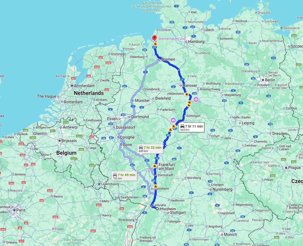 Anreise von Pforzheim Zu Bremerhaven Über via A5 and A7