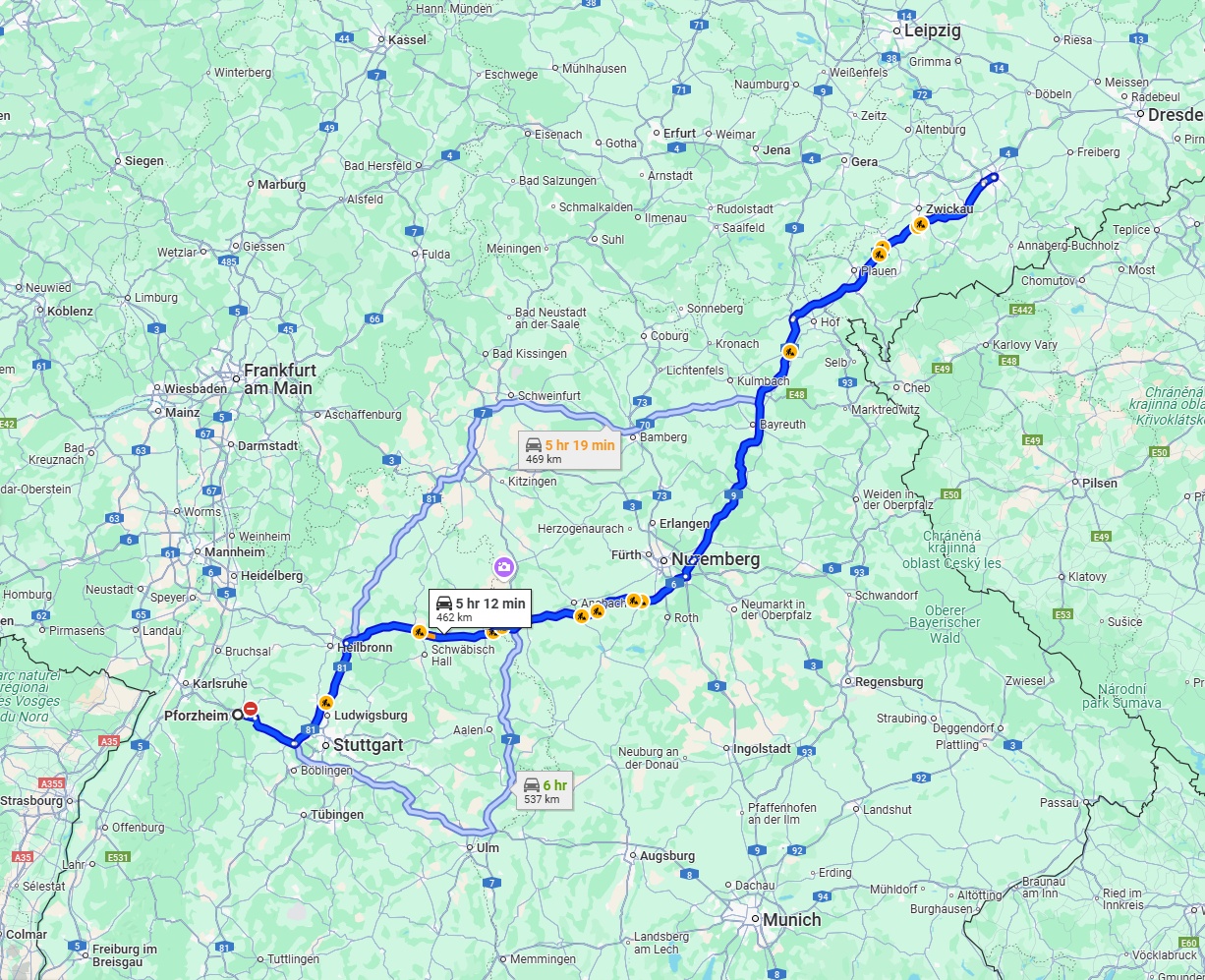 Anreise von Pforzheim Zu Chemnitz Über via A6 and A9