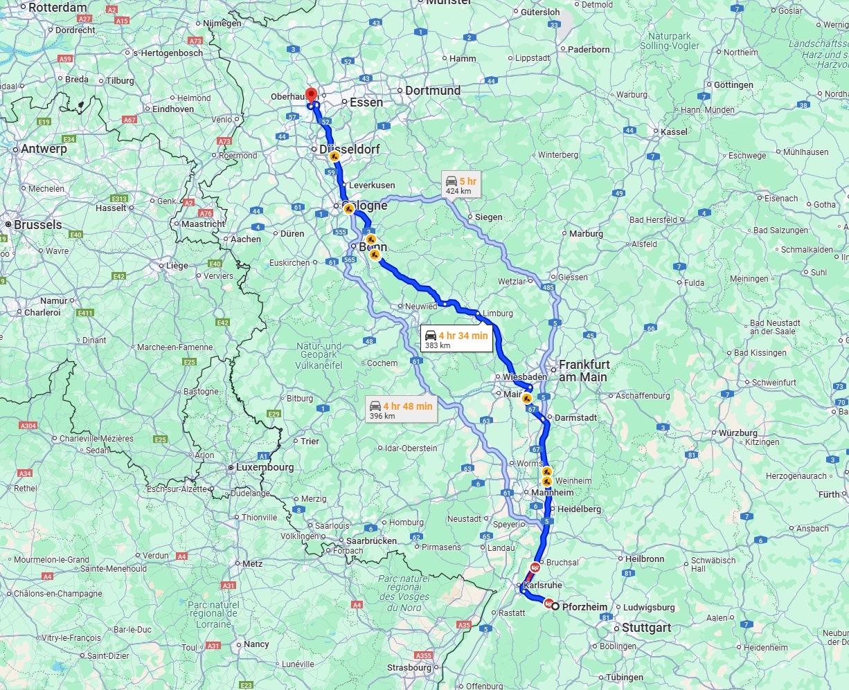 Anreise von Pforzheim Zu Duisburg Über via A5 and A3