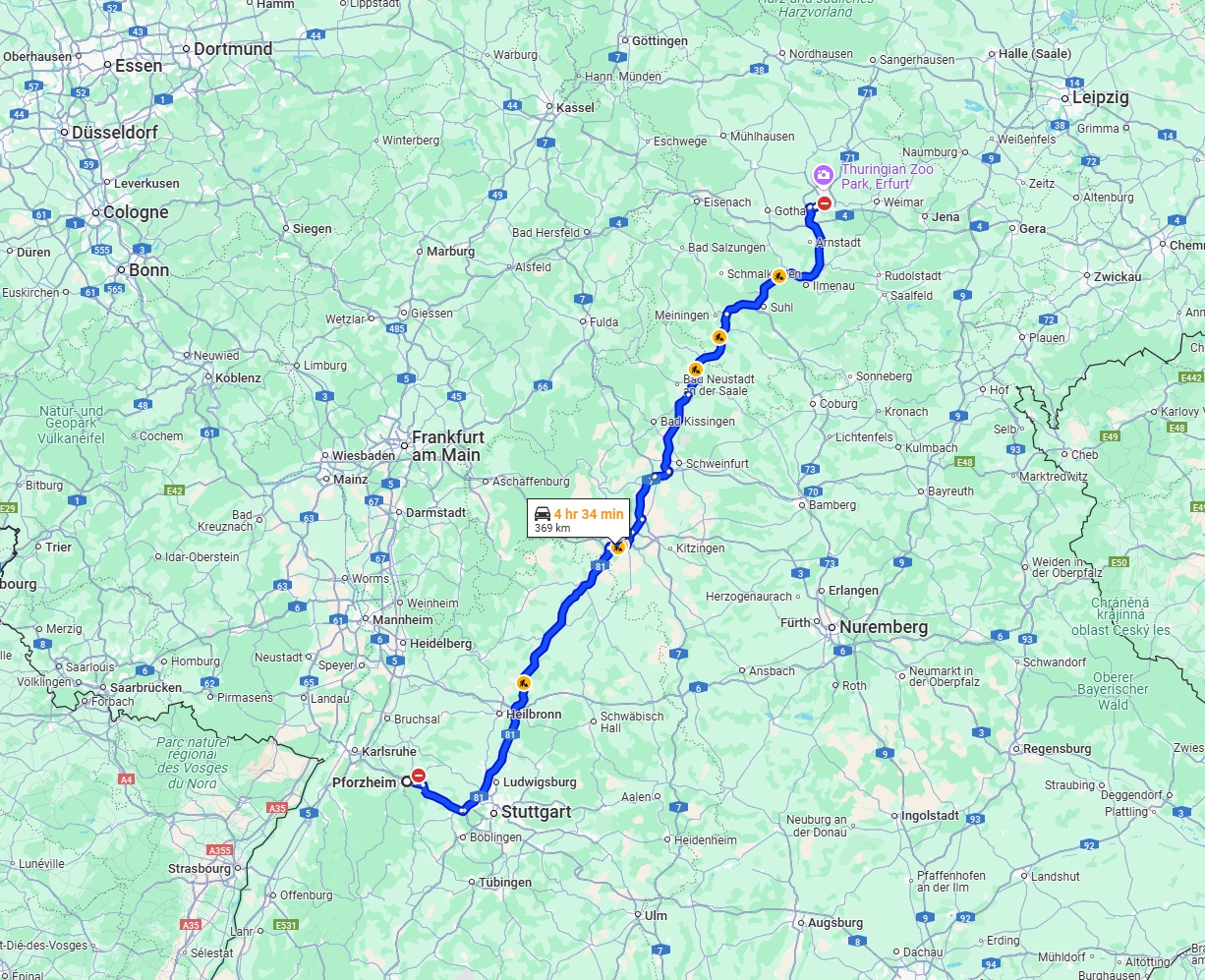 Anreise von Pforzheim Zu Erfurt Über via A81 and A71