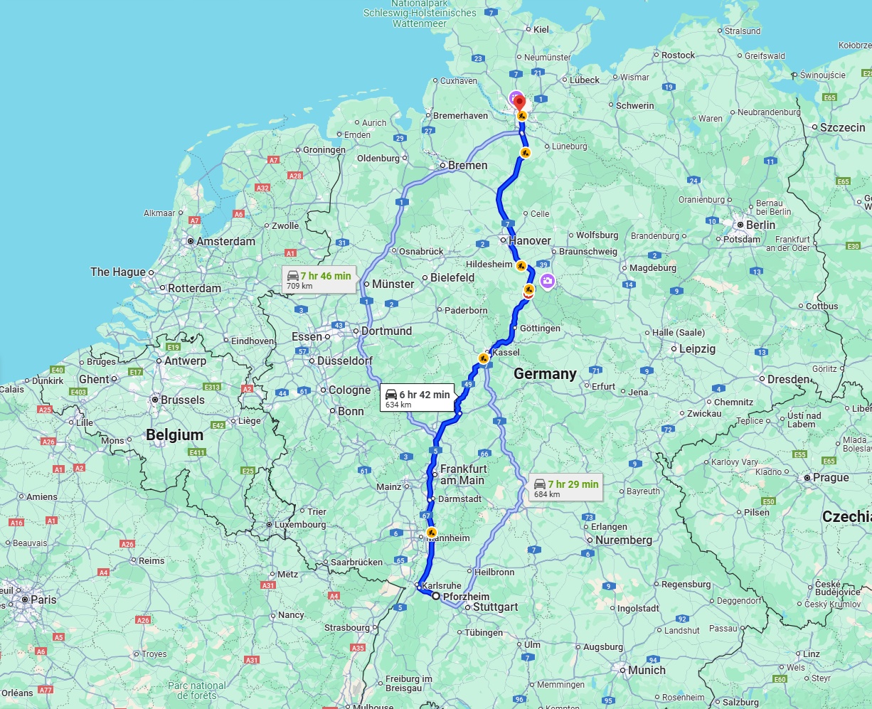 Anreise von Pforzheim Zu Hamburg Über via A5 and A7