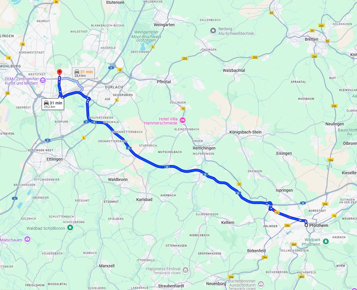 Anreise von Pforzheim Zu Karlsruhe Über via A8
