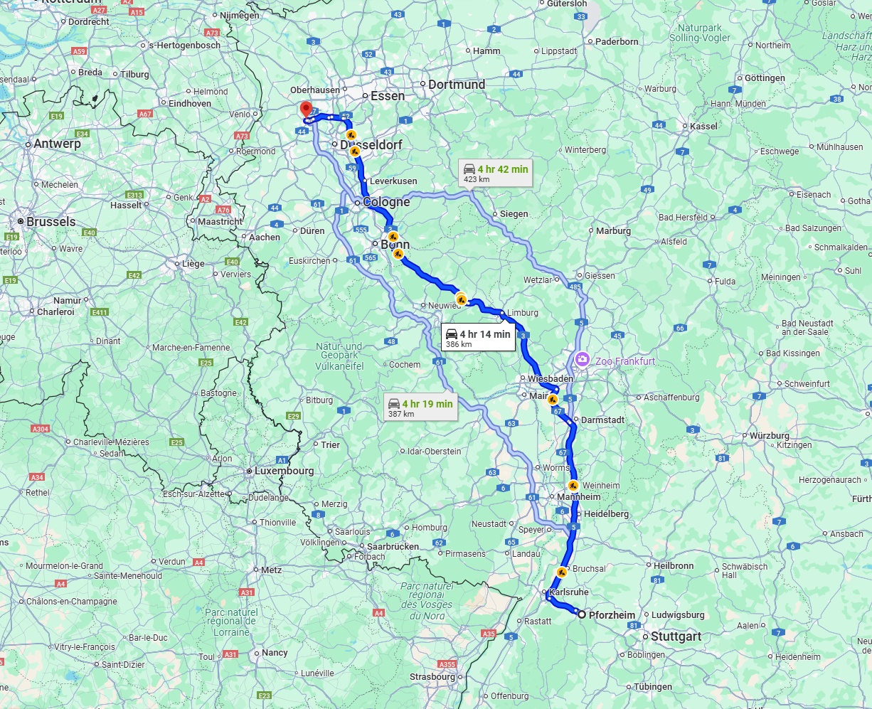 Anreise von Pforzheim Zu Krefeld Über via A5 and A3
