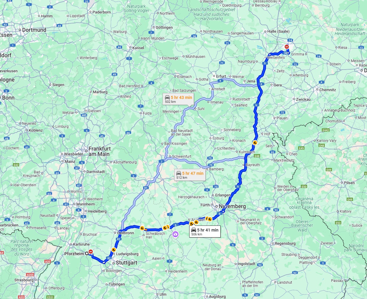 Anreise von Pforzheim Zu Leipzig Über via A6 and A9