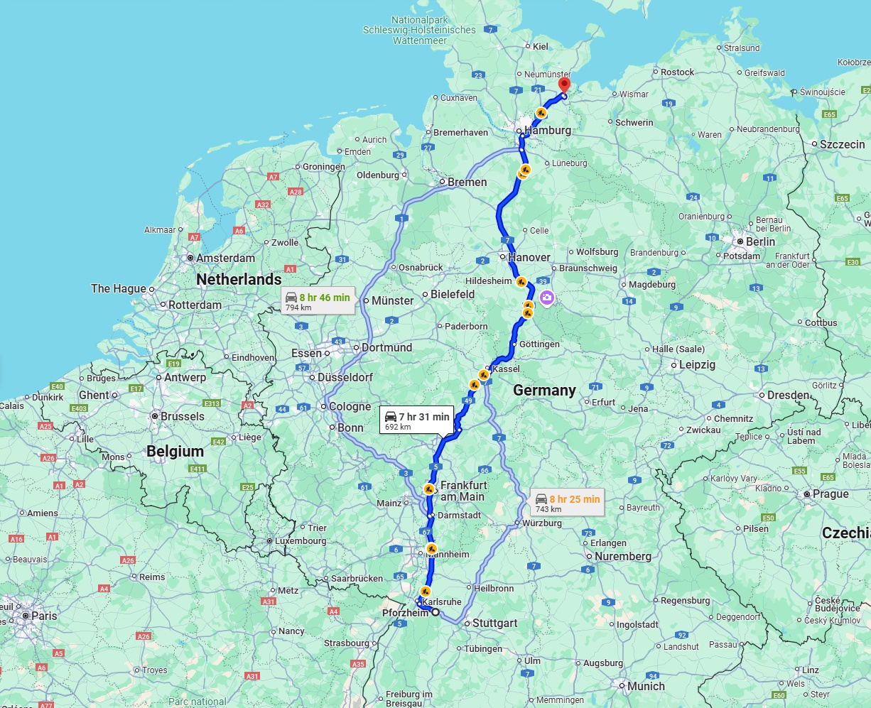 Anreise von Pforzheim Zu Lübeck Über via A5 and A7