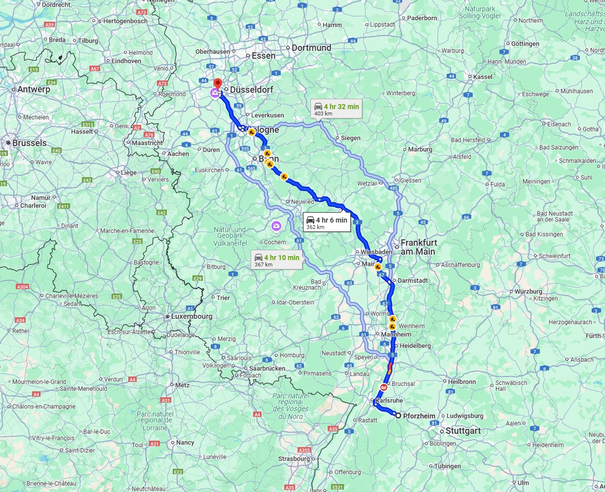Anreise von Pforzheim Zu Neuss Über via A5 and A3