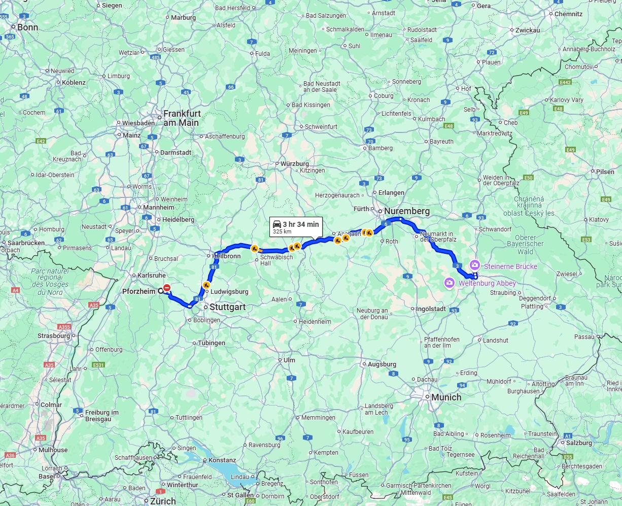 Anreise von Pforzheim Zu Regensburg Über via A6 and A3