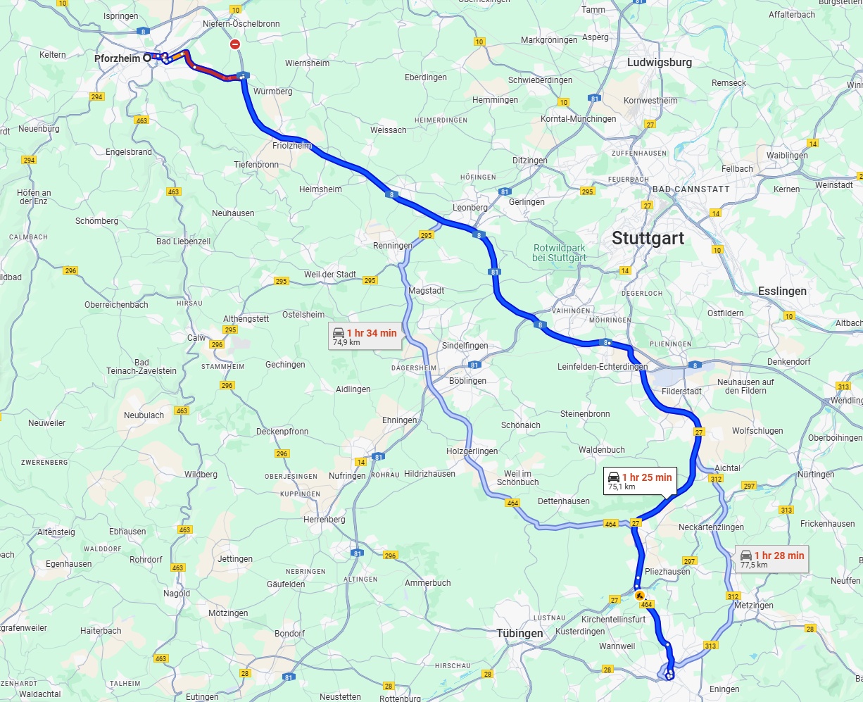 Anreise von Pforzheim Zu Reutlingen Über via A8 and B27