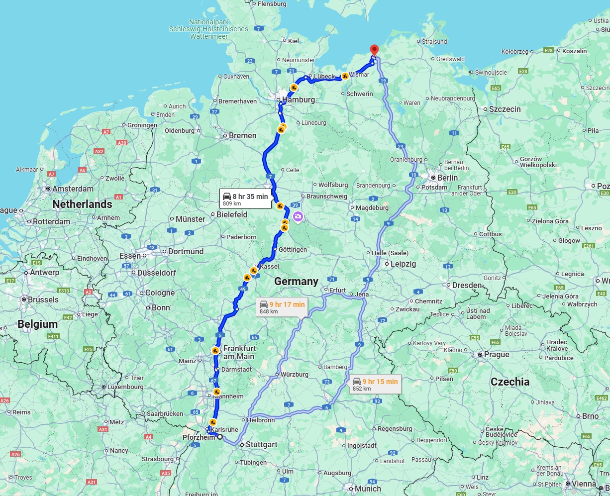 Anreise von Pforzheim Zu Rostock Über via A5 and A7
