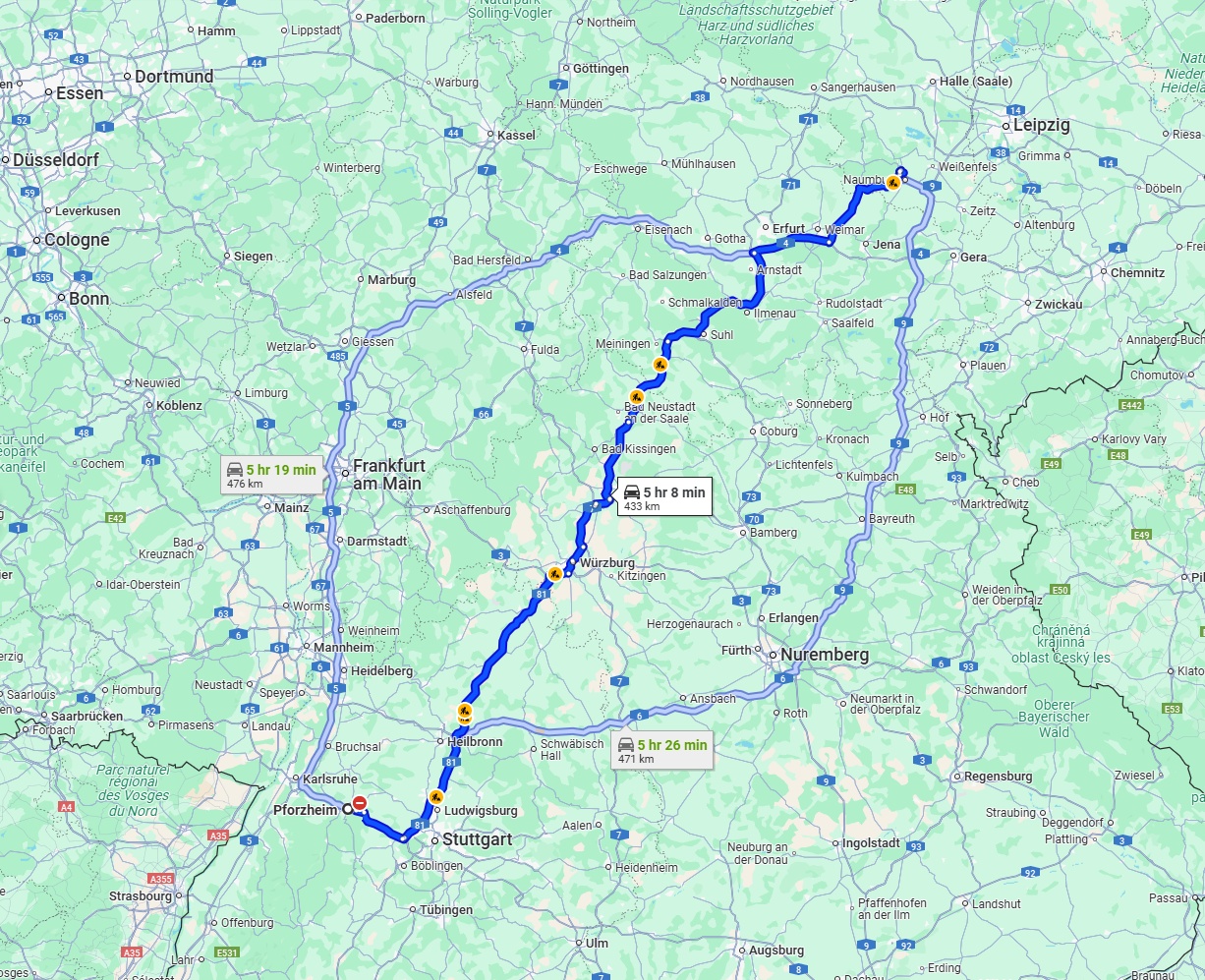 Anreise von Pforzheim Zu Saale Über via A81 and A71