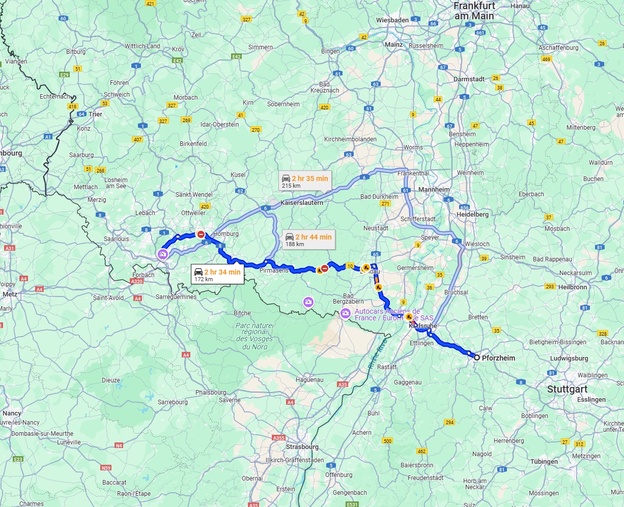 Anreise von Pforzheim Zu Saarbrücken Über via B10 and A8