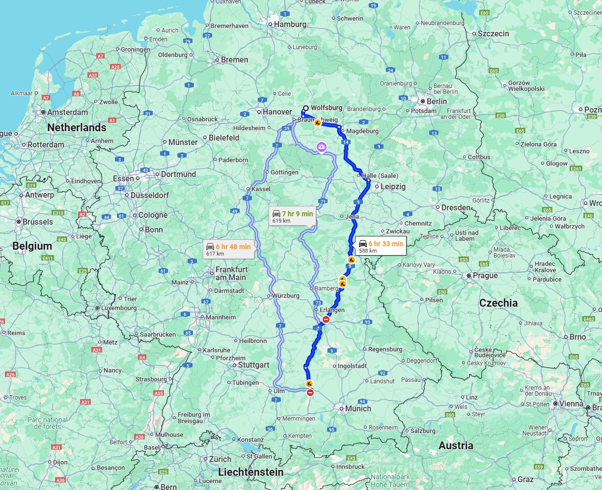 Anreise von Wolfsburg Zu Augsburg Über via A9