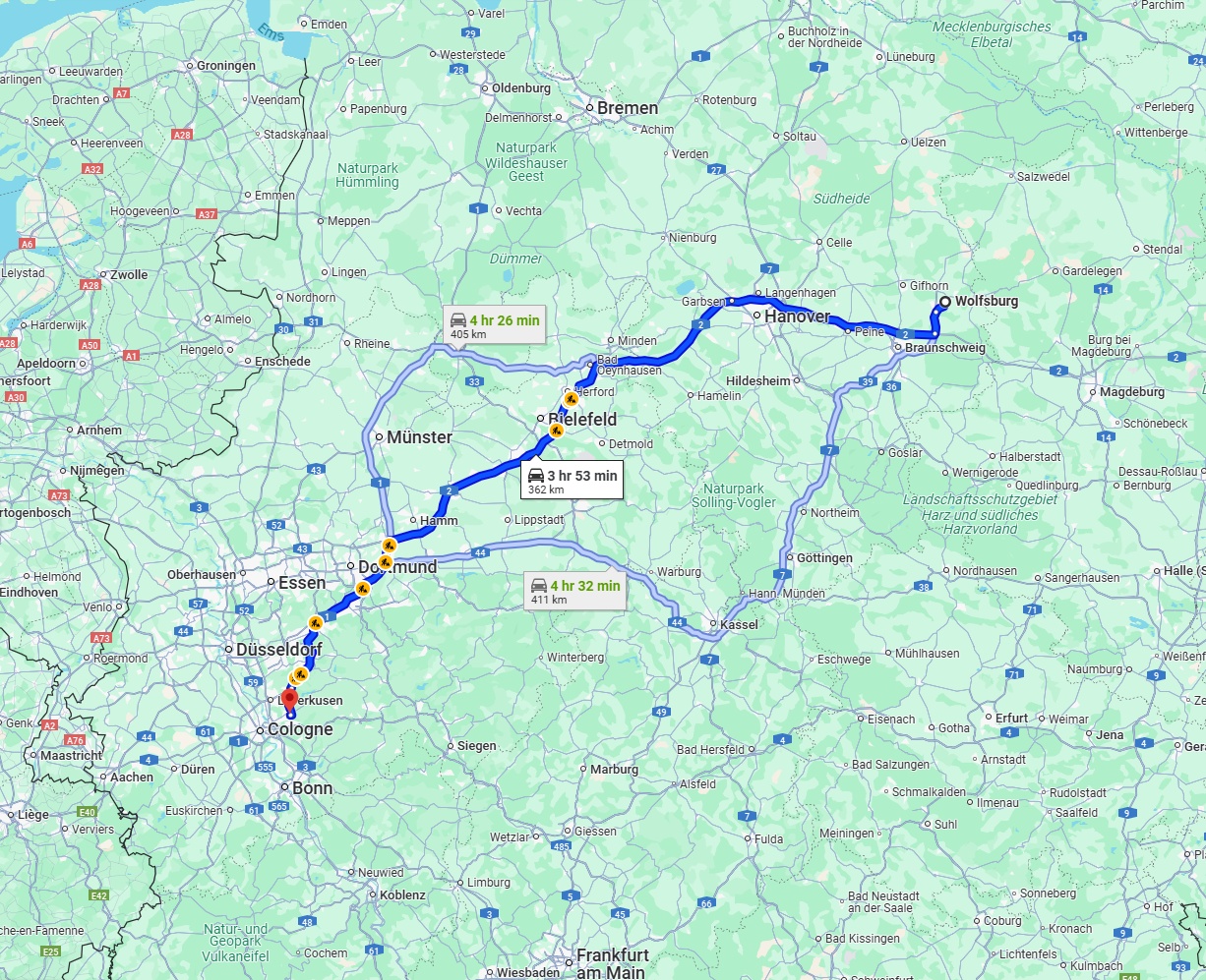 Anreise von Wolfsburg Zu Bergisch Gladbach Über via A2