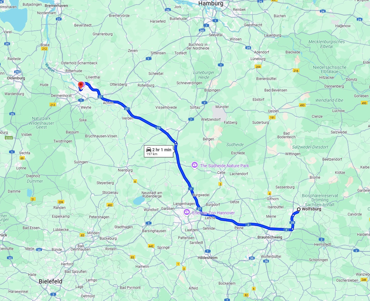 Anreise von Wolfsburg Zu Bremen Über via A2 and A27