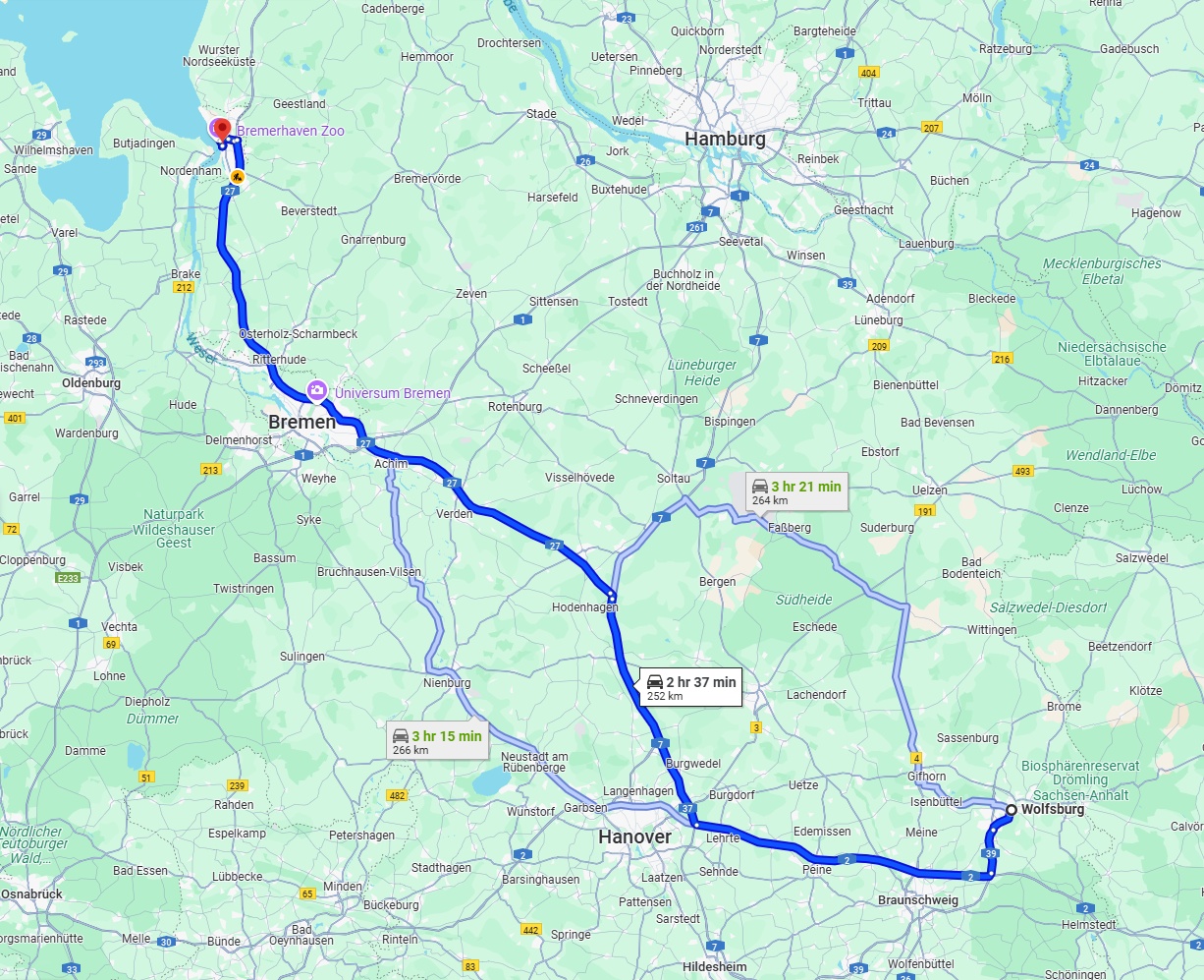 Anreise von Wolfsburg Zu Bremerhaven Über via A27