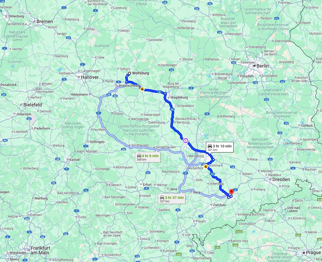 Anreise von Wolfsburg Zu Chemnitz Über via A14