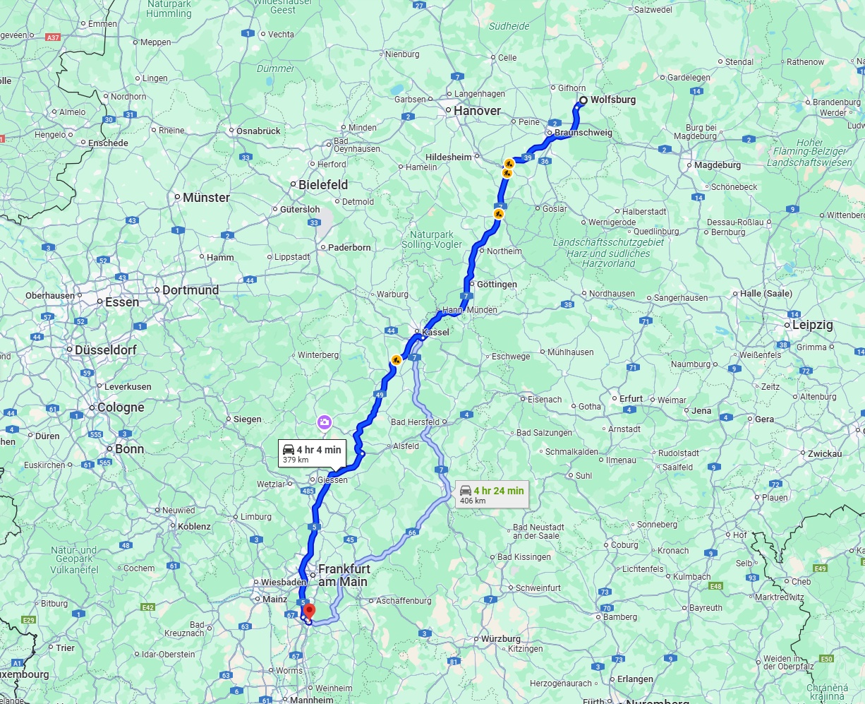 Anreise von Wolfsburg Zu Darmstadt Über via A7 and A5