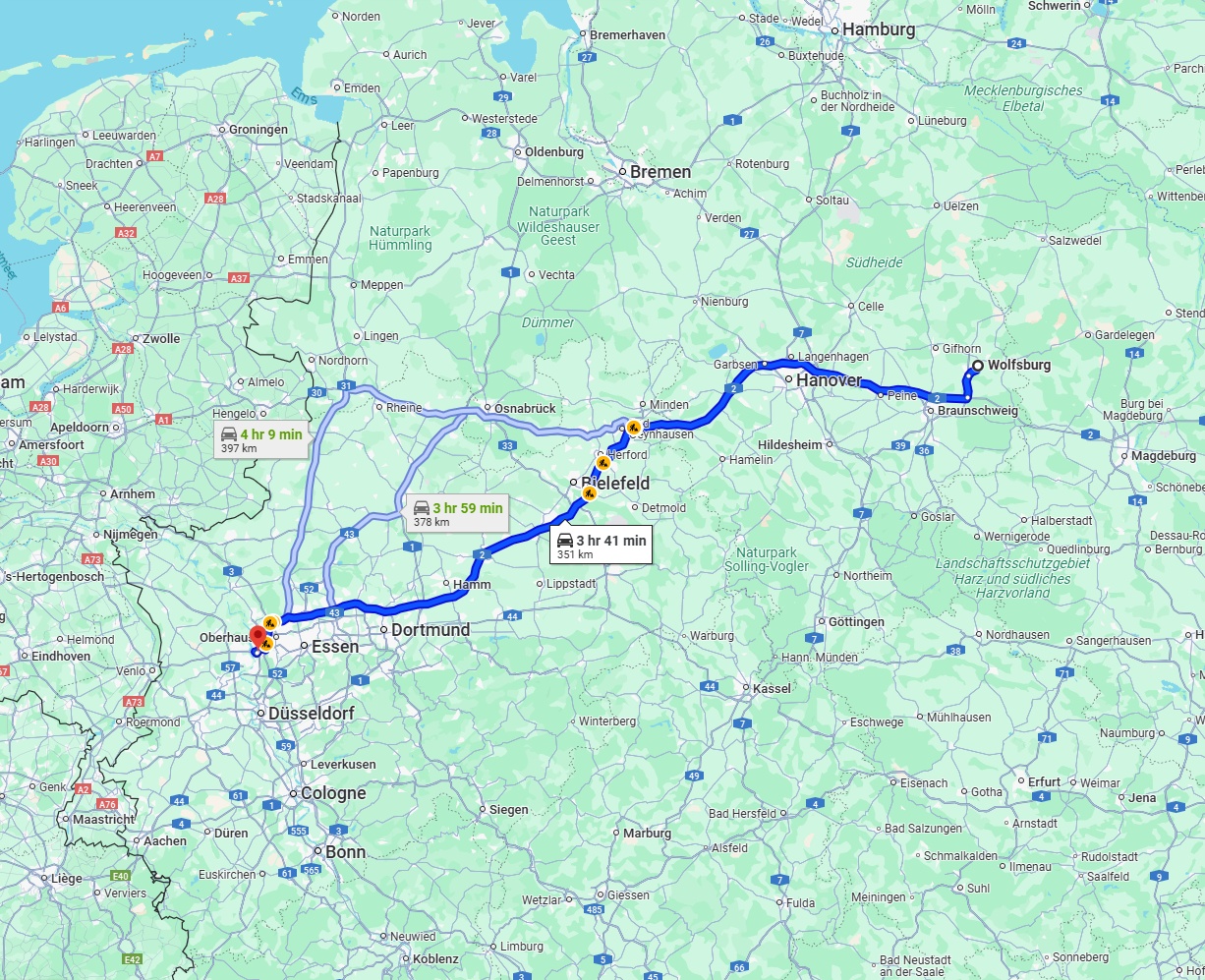Anreise von Wolfsburg Zu Duisburg Über via A2