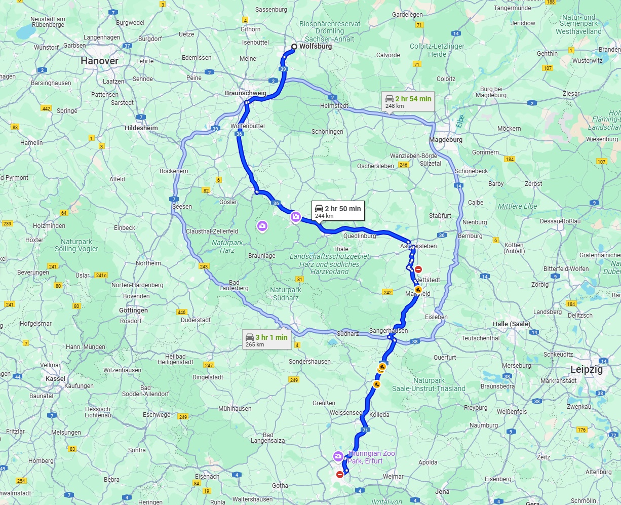 Anreise von Wolfsburg Zu Erfurt Über via A36