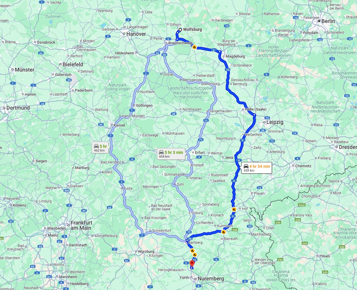 Anreise von Wolfsburg Zu Erlangen Über via A9