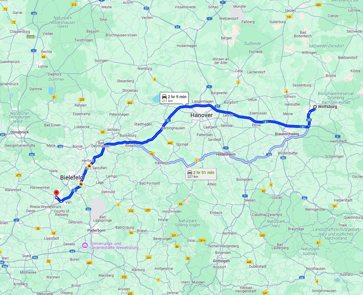 Anreise von Wolfsburg Zu Gütersloh Über via A2
