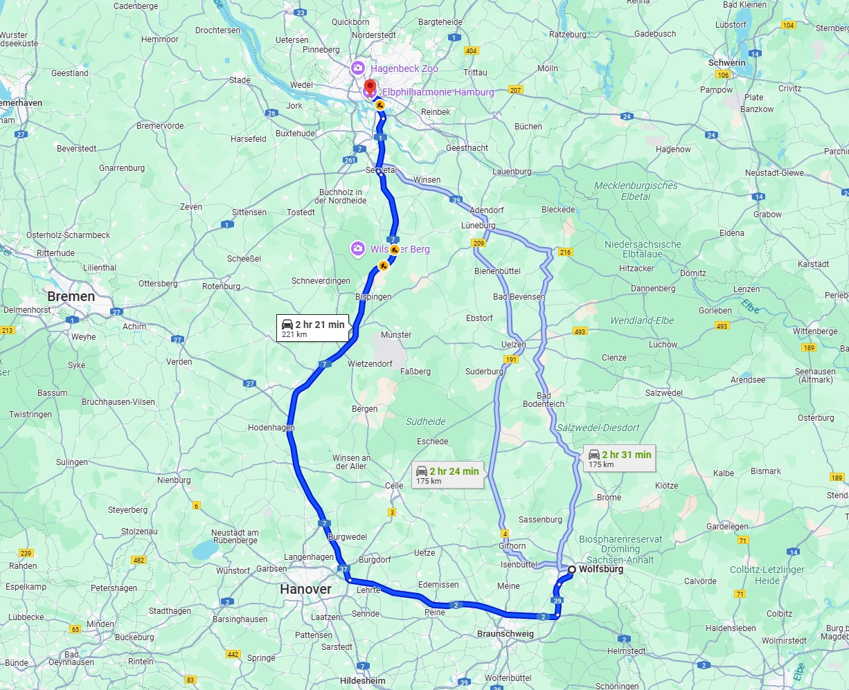 Anreise von Wolfsburg Zu Hamburg Über via A2 and A7