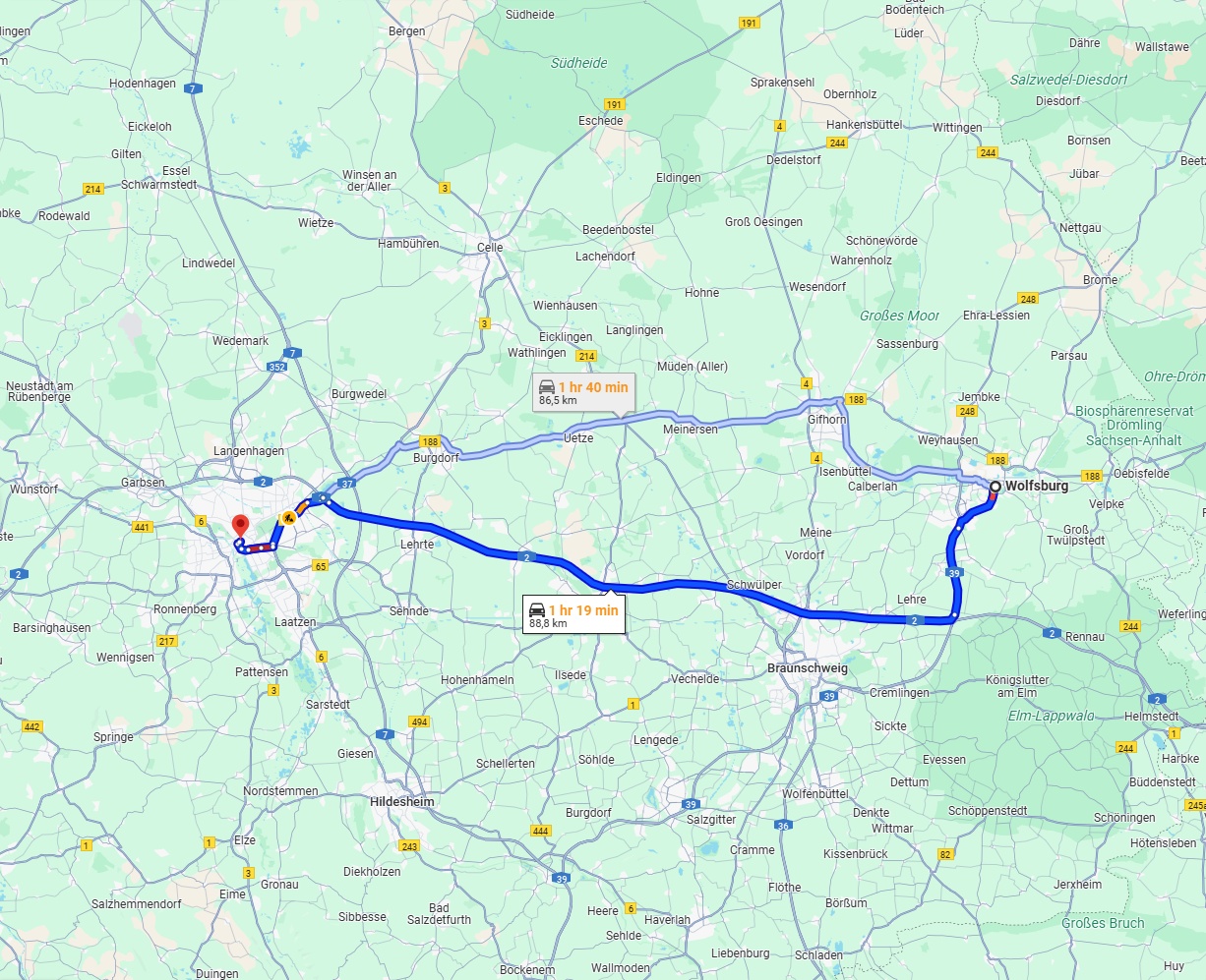 Anreise von Wolfsburg Zu Hannover Über via A2