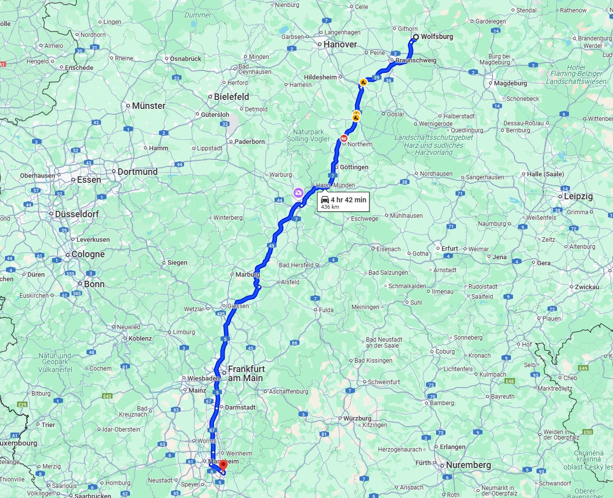 Anreise von Wolfsburg Zu Heidelberg Über via A7 and A5