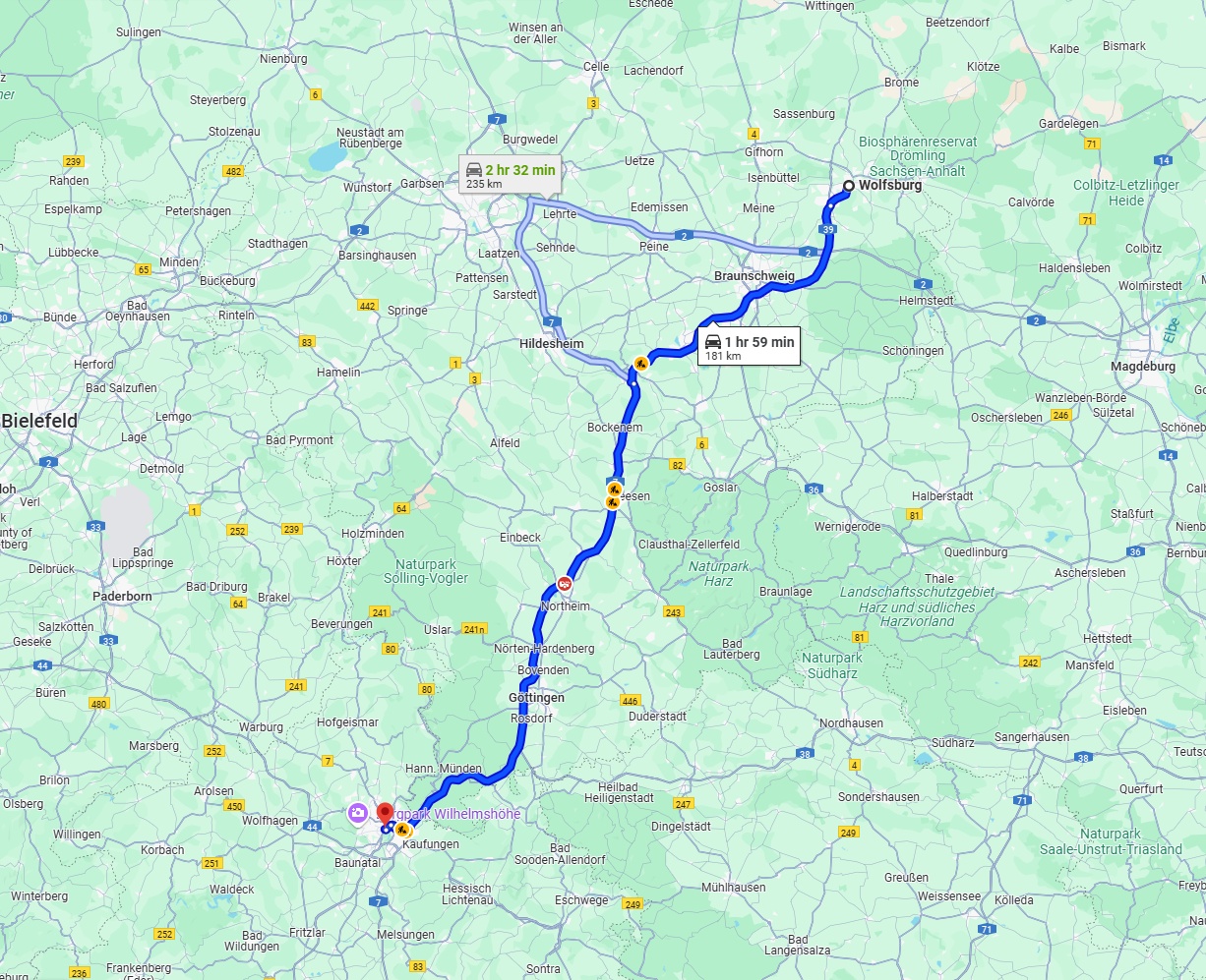 Anreise von Wolfsburg Zu Kassel Über via A39 and A7