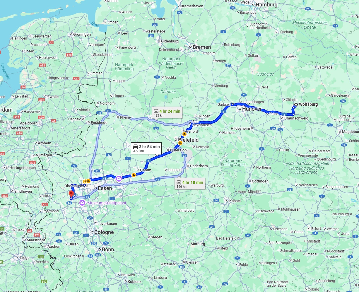 Anreise von Wolfsburg Zu Krefeld Über via A2