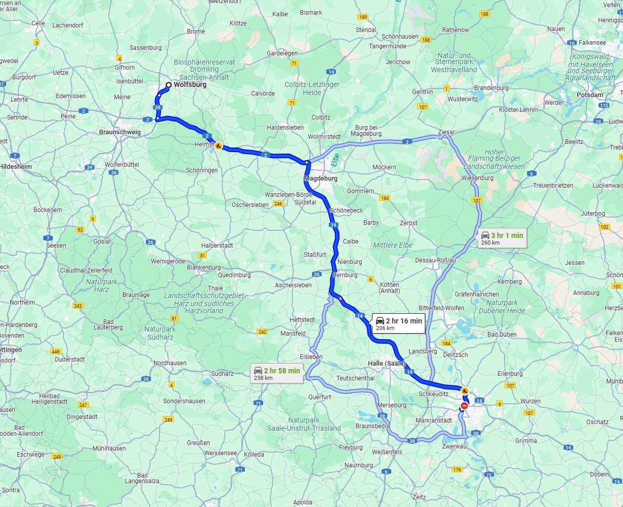 Anreise von Wolfsburg Zu Leipzig Über via A2 and A14