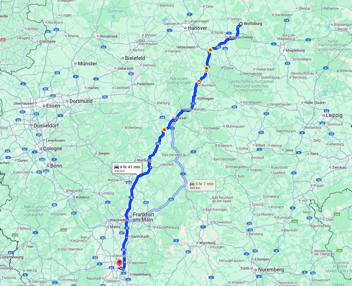 Anreise von Wolfsburg Zu Mannheim Über via A7 and A5