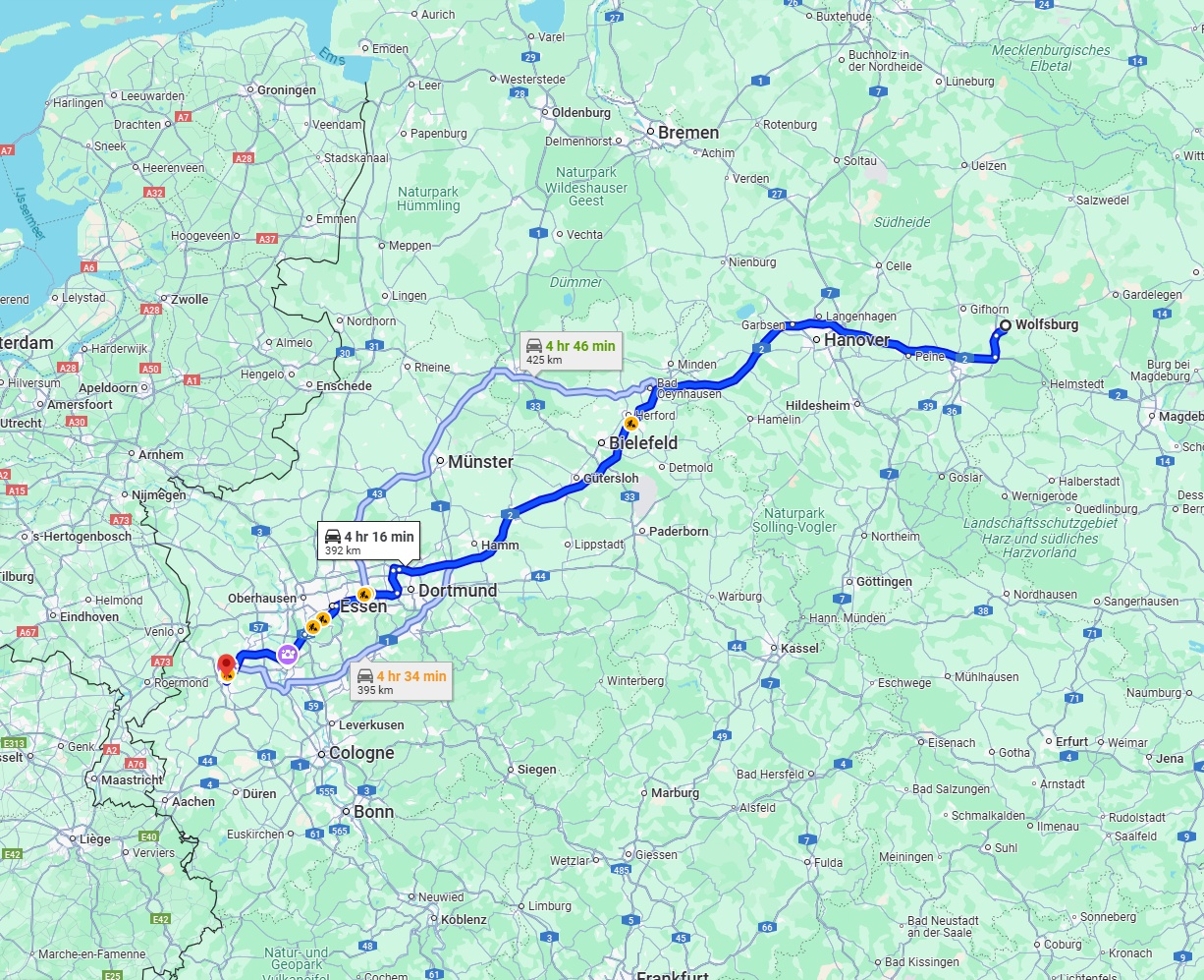Anreise von Wolfsburg Zu Mönchengladbach Über via A2