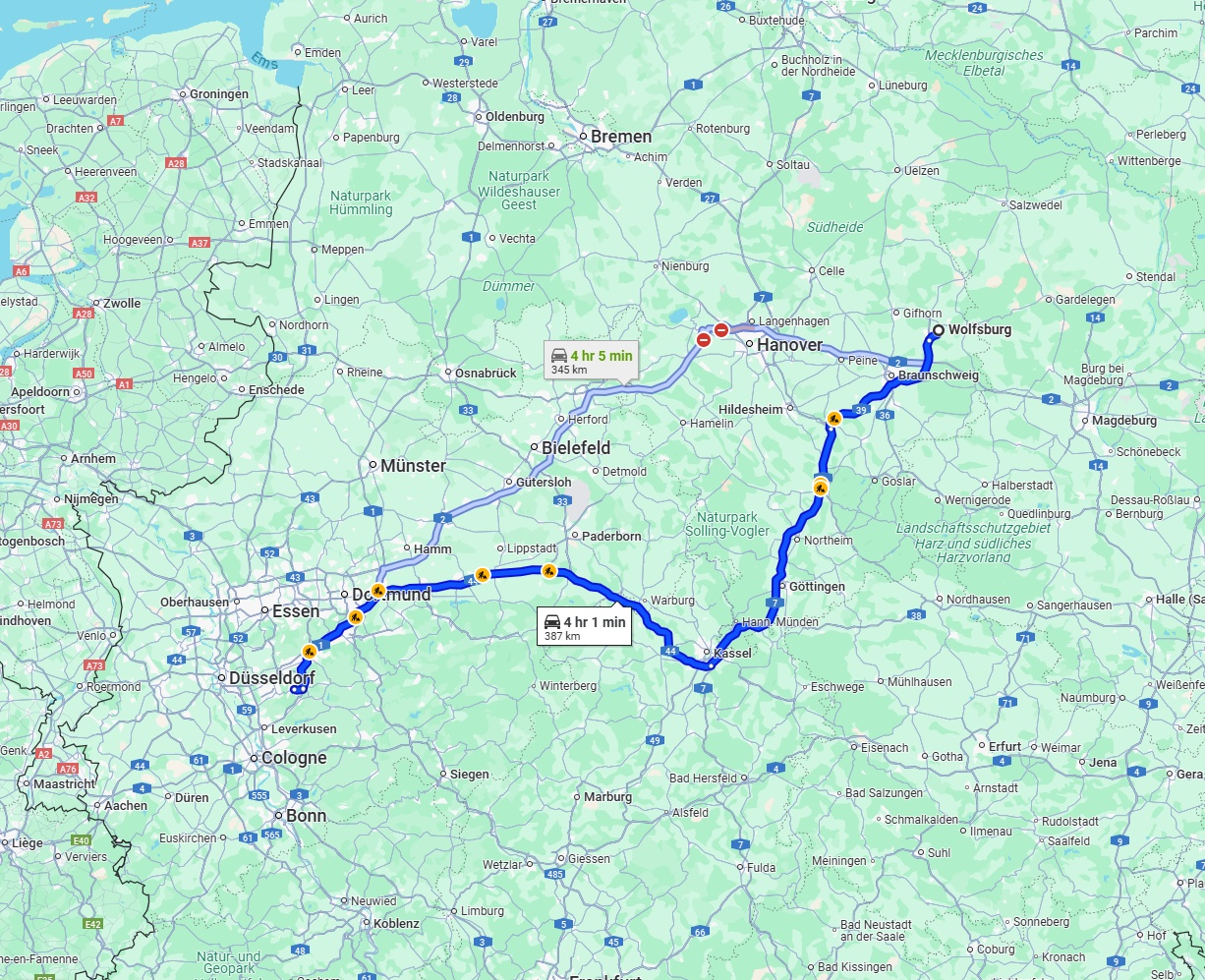 Anreise von Wolfsburg Zu Remscheid Über via A7 and A44