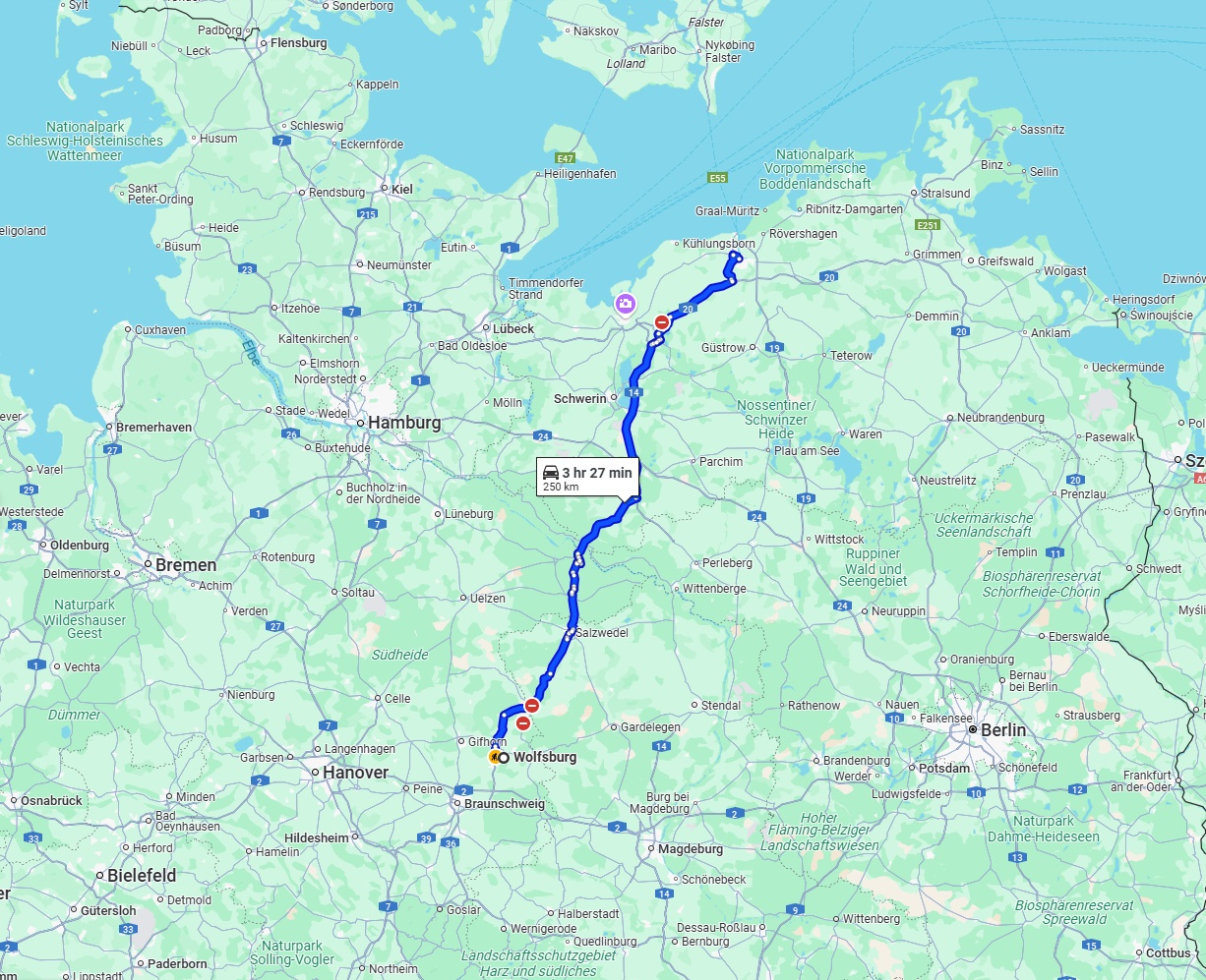 Anreise von Wolfsburg Zu Rostock Über via B248