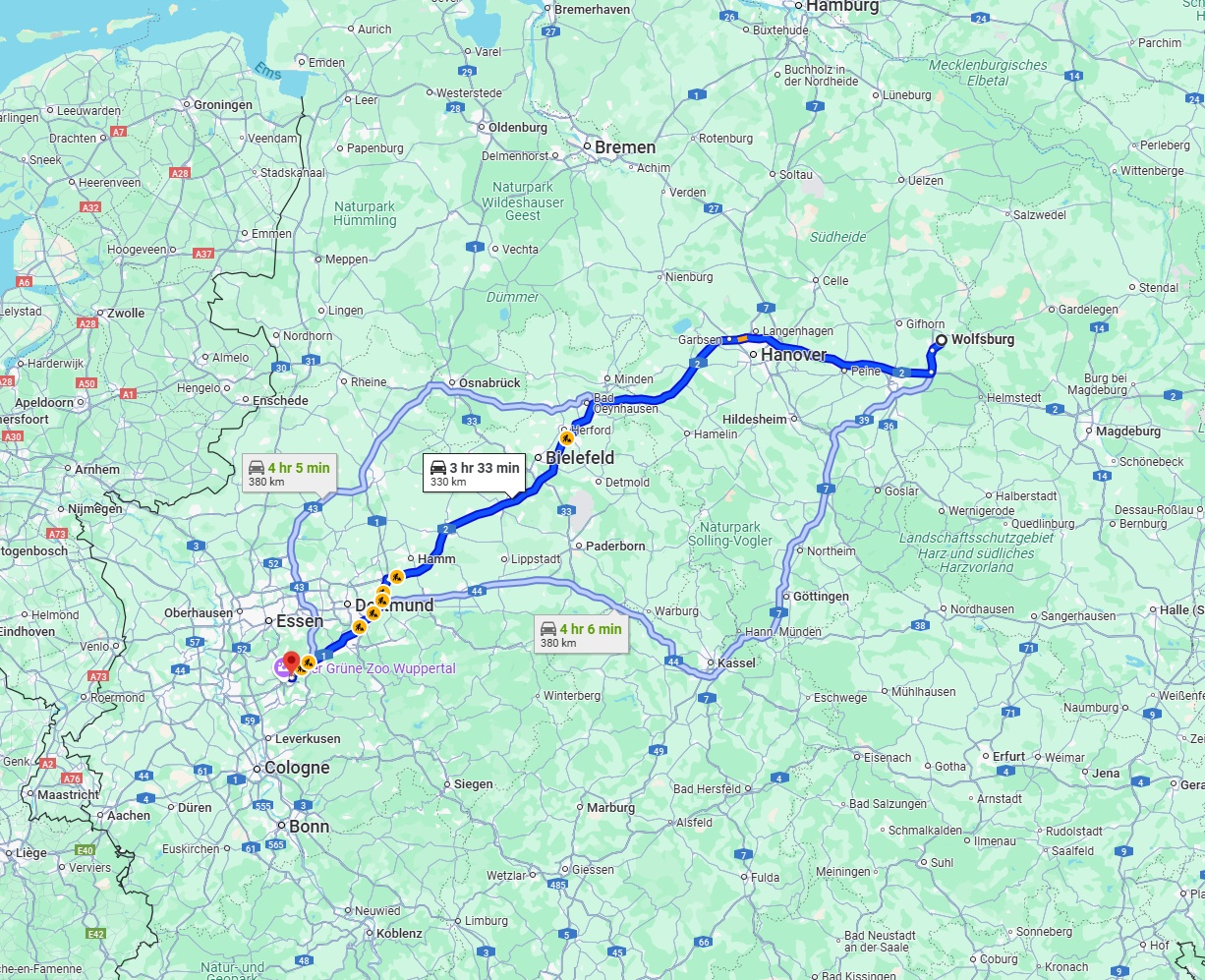 Anreise von Wolfsburg Zu Wuppertal Über via A2