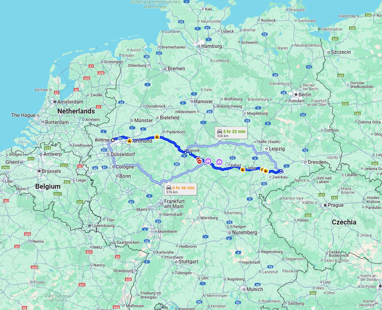 Anreise von Bottrop Zu Chemnitz Über via A44 and A4