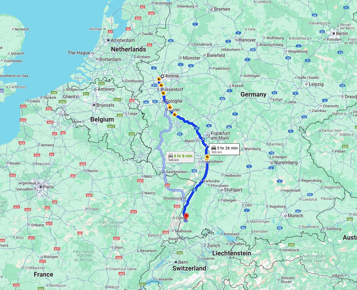 Anreise von Bottrop Zu Freiburg im Breisgau Über via A3 and A5