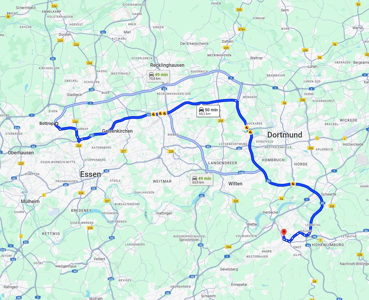 Anreise von Bottrop Zu Hagen Über via A42 and A45