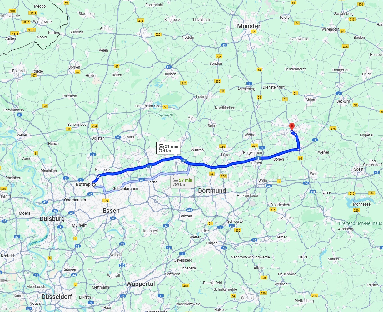 Anreise von Bottrop Zu Hamm Über via A2